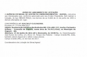 Agesul lança licitação para restauração asfáltica na MS-156 e 157 em Itaporã