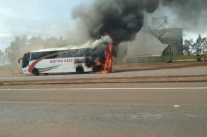 Ônibus que saiu de Dourados pega fogo na BR-163; veja vídeo