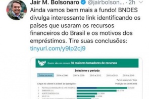 Bolsonaro no Twitter comenta empréstimos do BNDES