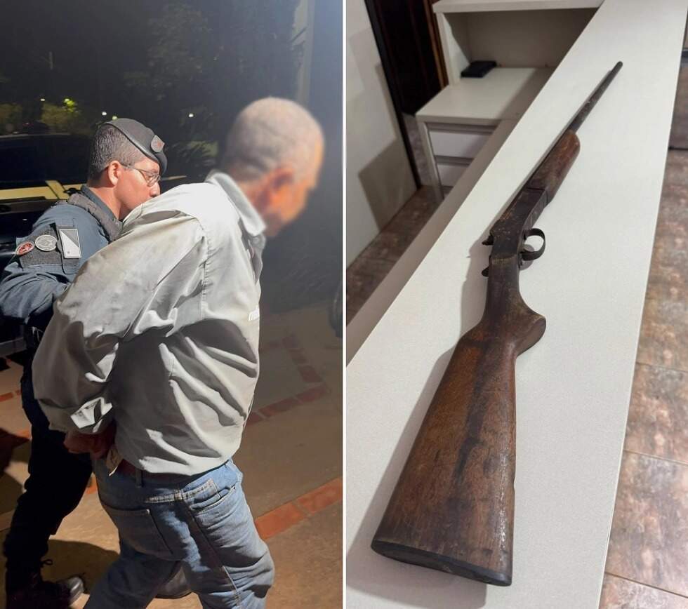 Suspeito sendo preso e arma apreendida na propriedade rural (Foto: Jornal da Nova)