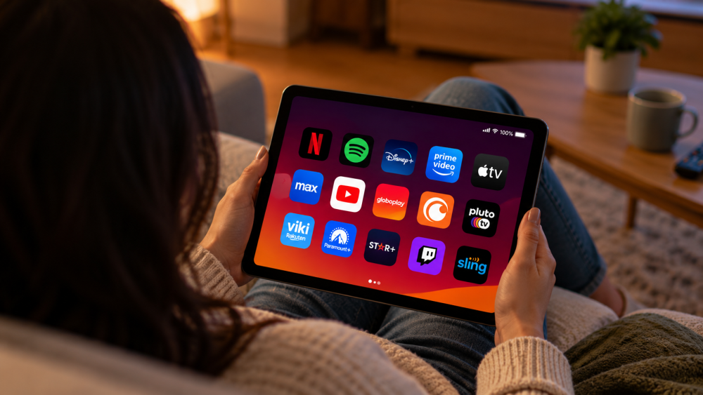 Aplicativos de streaming em dispositivo eletrônico (Imagem: IA)